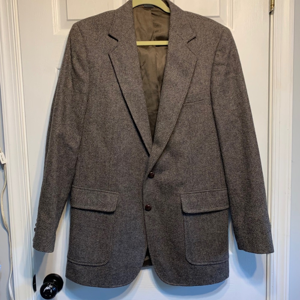 Haggar Imperial Blazer 40L Brown Herringbone Wool Sport Coat Academic Preppy